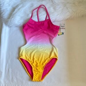 Breaking Waves Big Girls Cut Out  Printed One Piece Swimsuit Size 12. NWT.